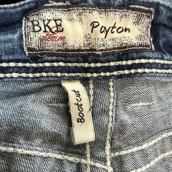 BKE Payton Bootcut Jeans Women 32x33.5 Medium Wash Distressed Thick Stitch Denim - Picture 12 of 16